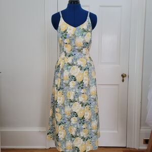 50s Pinup Style Midi Dress Yellow Rose Print